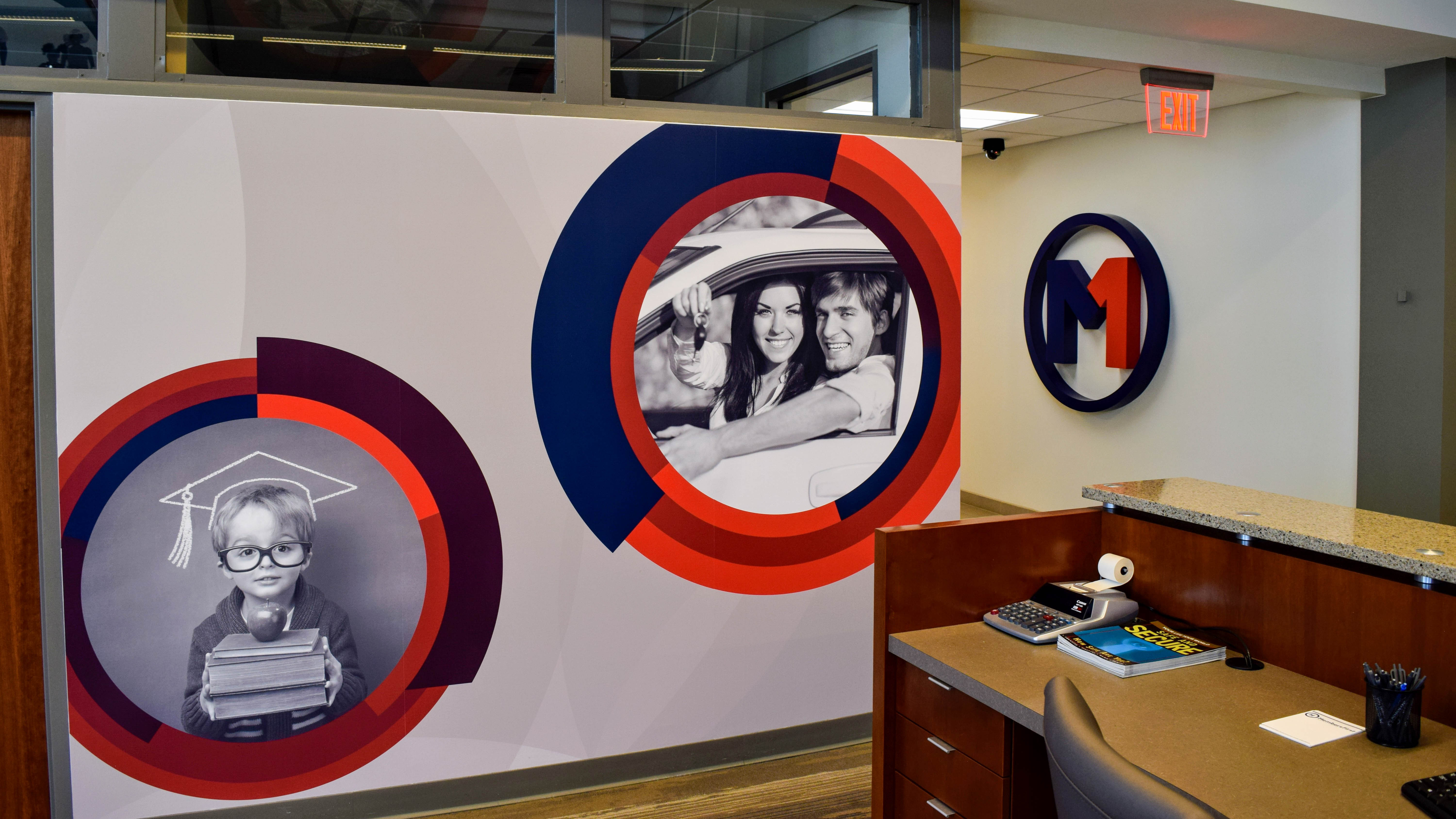 Branded interior at Members First Credit Union - signgeek Environmental Graphics and Dimensional Letters 