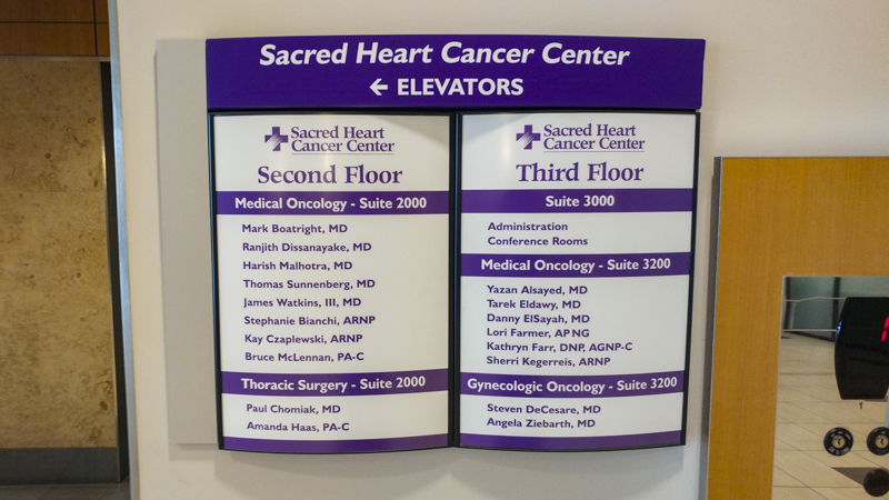 Interior wayfinding directory signage for Sacred Heart Cancer Center - Signgeek branded environments 