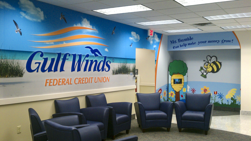 Gulf Winds FCU wall wrap and kids wall wrap with inset bumble bee - Signgeek Environmental Graphics 