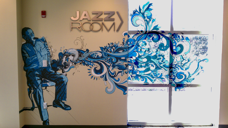 Jazz Room combination wall and glass graphics - signgeek Environmental Graphics