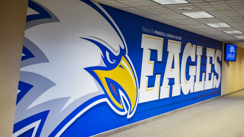 Pensacola Christian College interior wall wrap for the Eagles basketball team - signgeek Environmental Graphics 