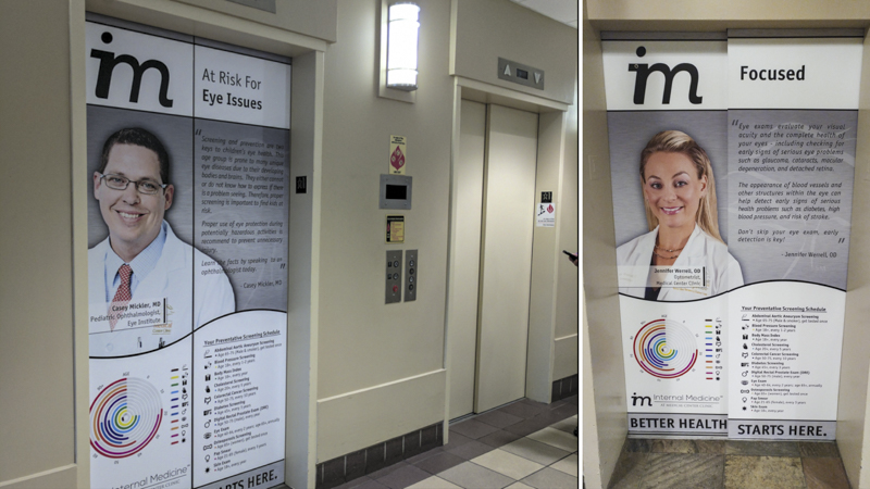 Elevator door wraps for Internal Medicine at Medical Center Clinic - signgeek environmental graphics