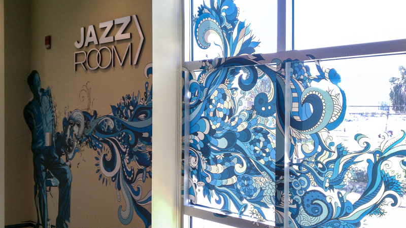 Combination wall and window graphics for the Jazz Room - Signgeek Environmental Graphics 