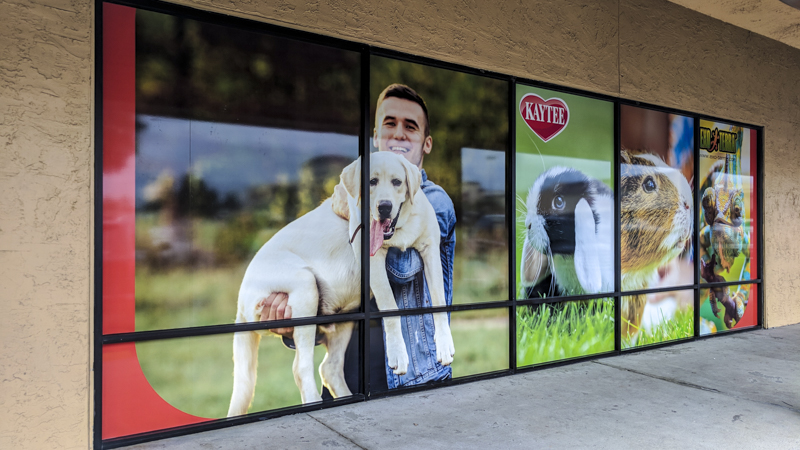 Window graphics for the exterior of Petland. Printed and installed by Signgeek.