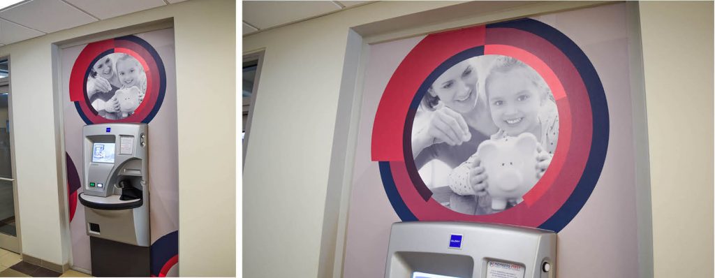Brand-inspired wall graphics over ATM 
