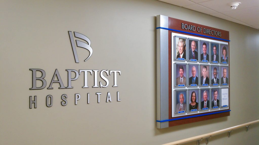 Board of Directors lobby photo display for Baptist Hospital. 